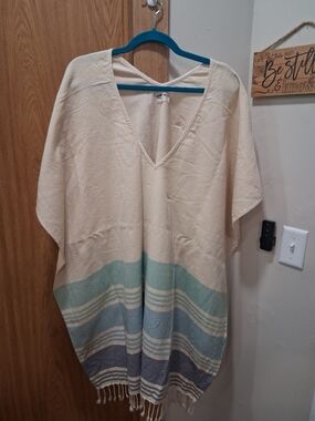 tribe alive Unisex Cream and Blue Striped Poncho